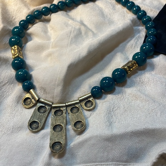 Handmade Aztec Brass Turquoise Beaded Collar 21in Necklace - Picture 4 of 7